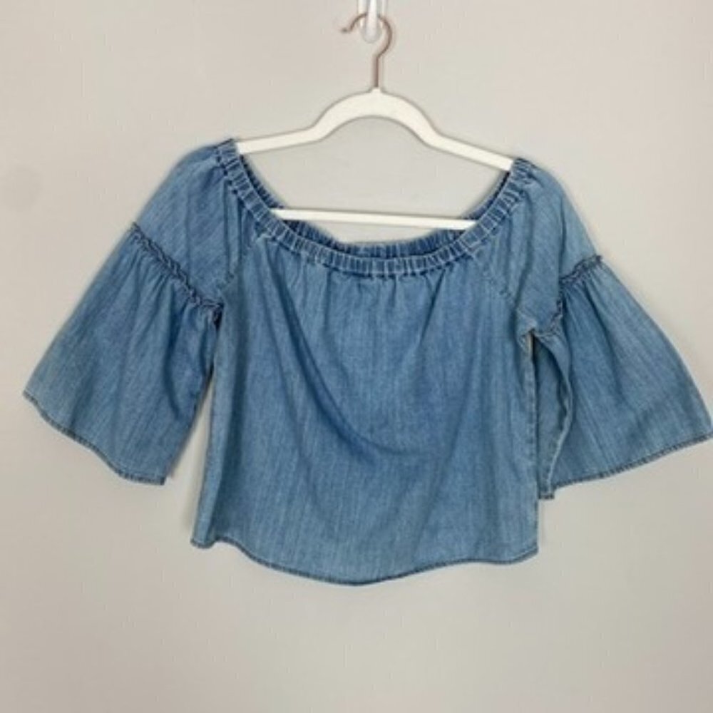 Madewell Light Blue Denim Off-Shoulder Bell Sleeve Blouse